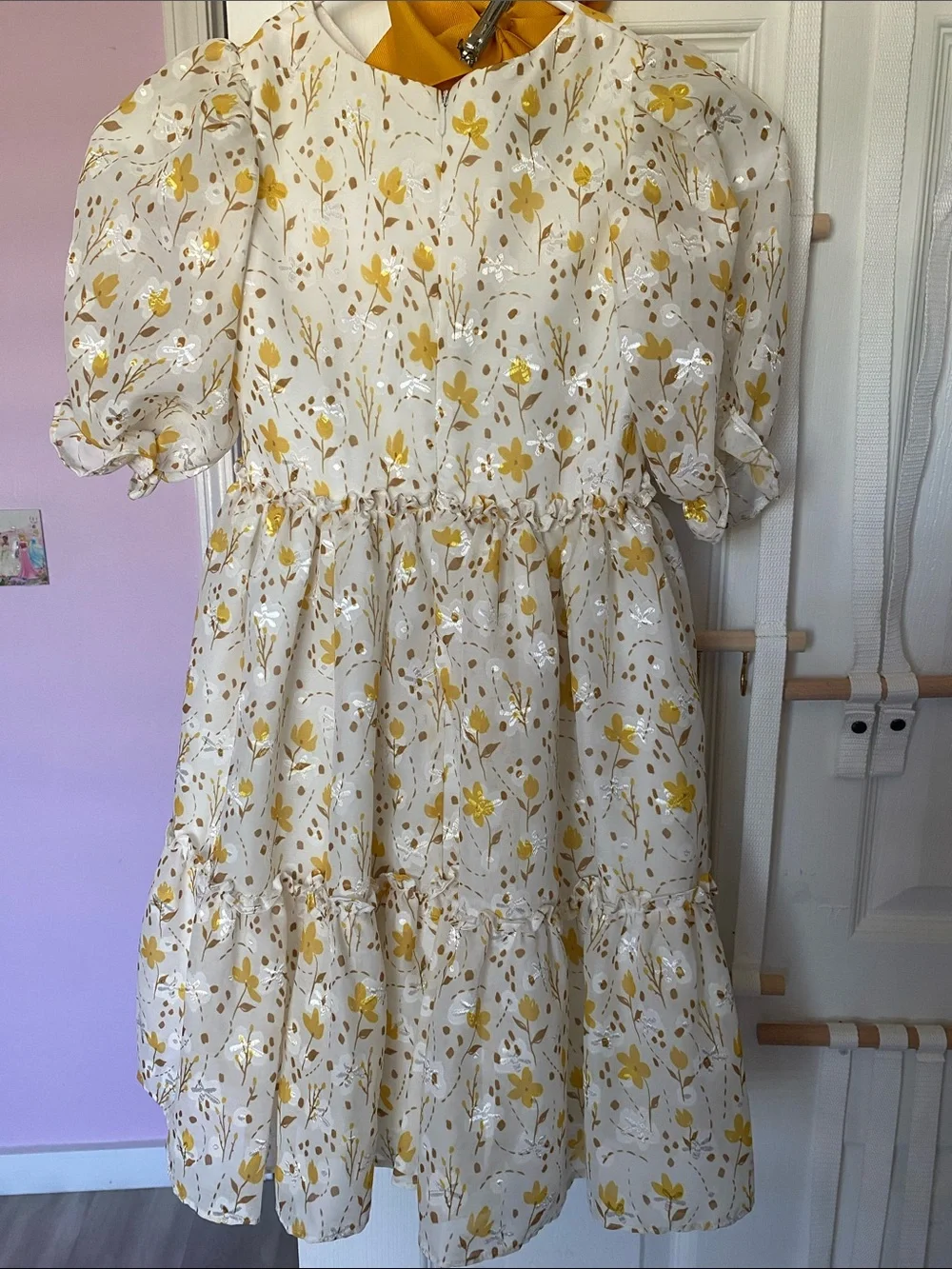 Pippa & Julie White Dress with Yellow Floral Print and Puff Sleeves